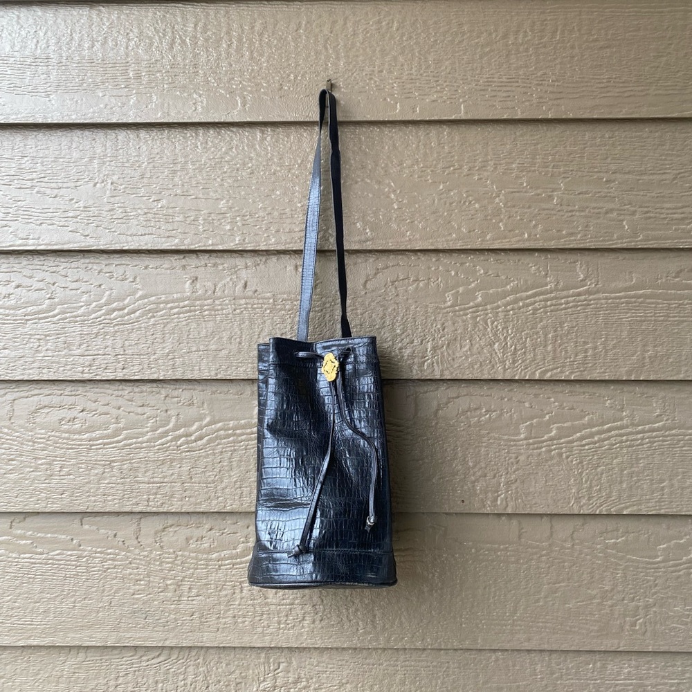 Vintage Jennifer graham leather Drawstring bucket Bag, black